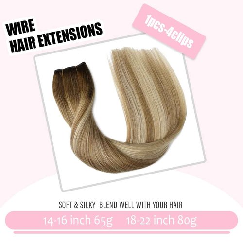 SURNEL Haol Hair Extensions Real Human Hair Balayage Walnut Brown to Ash Brown and Golden Blonde Remy Invisible Wire Hair Extensions14 inch 65g(14,3/8/22)