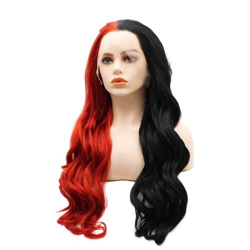 LUSHY BEAUTY Hair Synthetic Lace Front Wig Wavy Long 24inch Half Black Half Red Mix Heavy Density Heat Resistant Realistic Wig