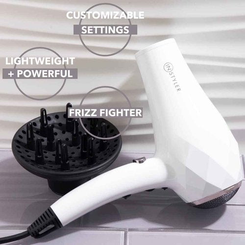 Instyler Turbo Lightweight Ionic Hair Dryer, Gray - Fast Drying Ceramic Blow Dryer for Smooth & Healthy Efficient DC Motor Turbine Fan Custom Heat Removable Concentrator