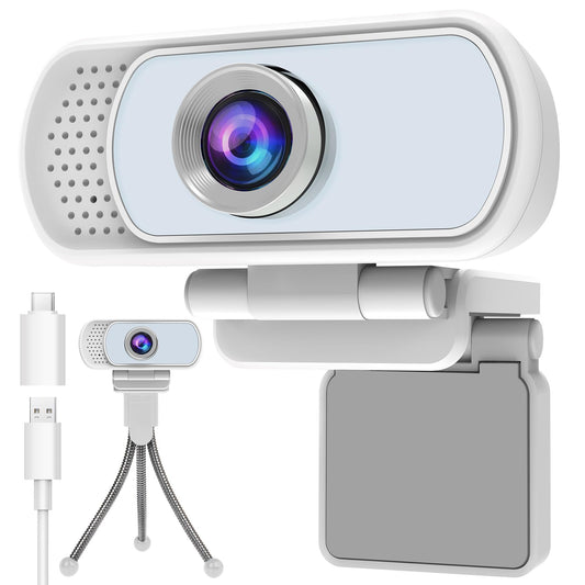 1080p White Webcam with Microphone, USB Web Camera 110-Degree View Angle Computer Camera,Webcam Tripod/Privacy Cover/USB C Adapter Include,Plug and Play Web Cam for Video Conferencing Streaming
