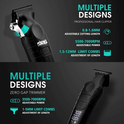 DSP Professional Hair Clippers Set for Men, Cordless Barber Clipper Beard Trimmer DLC, USB Rechargeable, Speeds Adjustable, Travel Lock, Low Noise with Charging Base