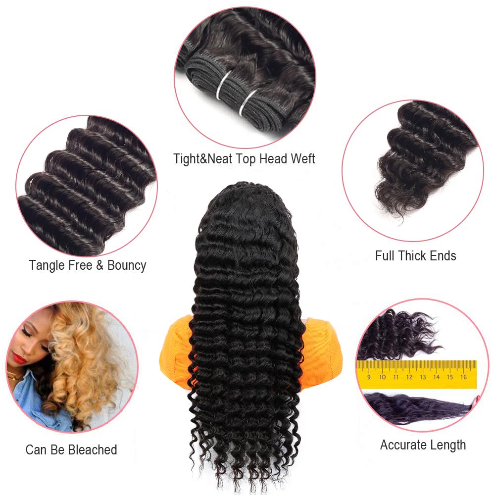 LUXEDIVA 12A Deep Wave Bundles Human Hair 16 18 20 Inchs Human Hair Bundle 100% Unprocessed Brazilian Curly Wet Wavy Texture 3 Bundles Deep Wave Natural Black