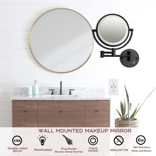 RECKODOR 8" Brass Wall Mounted Lighted Makeup Vanity Mirror with Magnification, 1X/5X Double Sided Bathroom Magnifying Mirrorwith with Dimmable LED Lights, Matt Black, Plug Powered