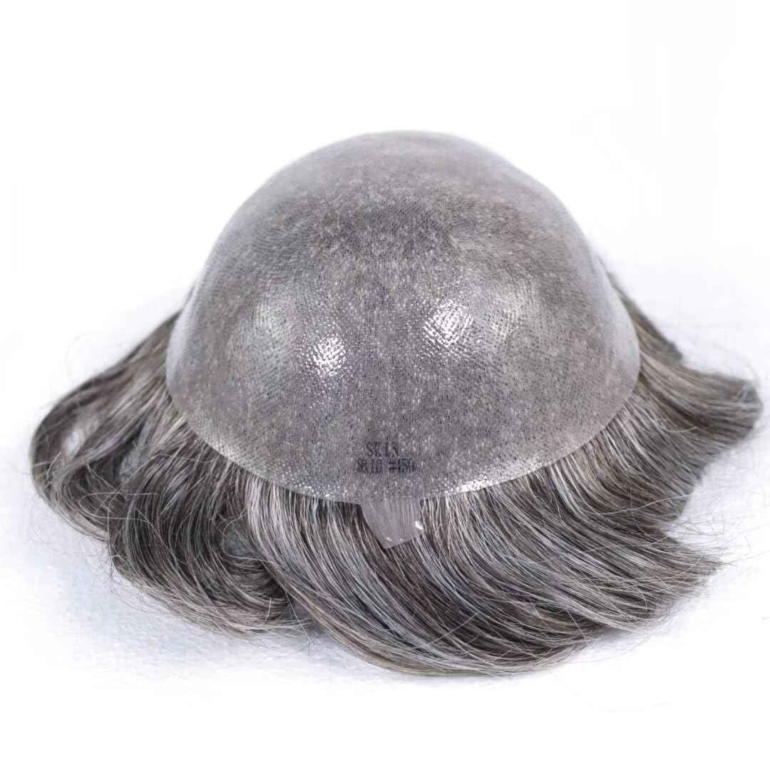 Grey Thin Skin Toupee for Men Hair System 8x10 Inch PU Poly Mens Toupee Human Hair Piece Replacement Hairpiece 450# Medium Brown with 50% Synthetic Gray