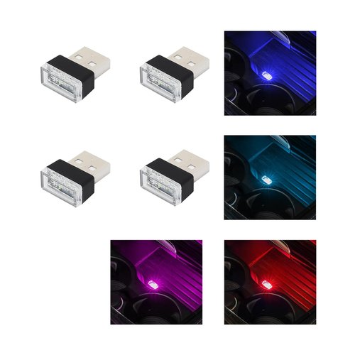 Augeny 4 PCS USB LED Car Interior Atmosphere Lamp, Plug-in USB Decor Night Light, Portable Auto Ambient Lighting Kit, Universal Vehicle Interior Accessories for Most Cars (Blue+Ice Blue+Red+Purple)