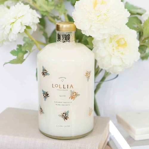 Lollia Wish Bubble Bath, 33.8 fl oz, Vanilla Bean, Rice Flower, Jasmine Leaves, & Sugar Cane, Luxury Hydrating Women's Bubbling Bath Soap, Delicate & Relaxing Scented Skin Care