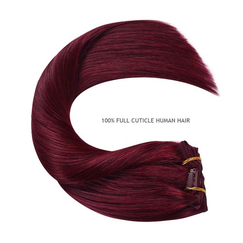 YILITE Hair Extensions Clip in Human Hair 8Pcs 120Gram/Pack Burgundy Silky Remy Human Hair Double Weft Straight Real Hair Extensions Clip ins Thick (18inches #99J Burgundy）