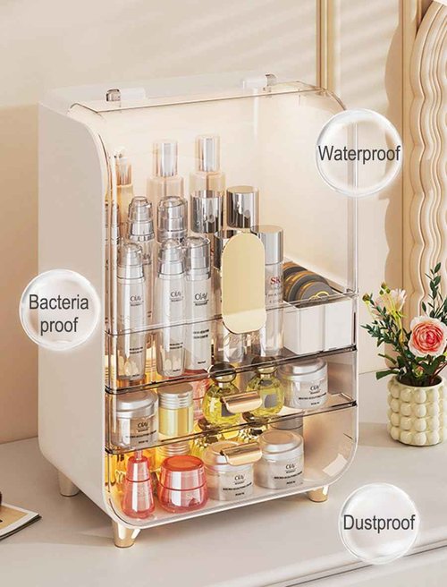 Wi4you Makeup Organizer for Vanity, Large Capacity Cosmetic Organizer Trendy Stuff, Clear Cosmetic Display Case with Flip-top Lid and 2-Tier Drawer for Bathroom Countertop, Bedroom Dresser (White)