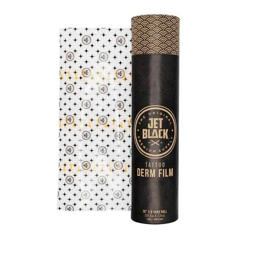 Jet Black Derm Film Tattoo Aftercare Wrap (10" x 8 yd) – Breathable Waterproof Adhesive Bandage with Triple-Score Backing, Easy-Dispense Tube, Hypoallergenic Tattoo Healing Film