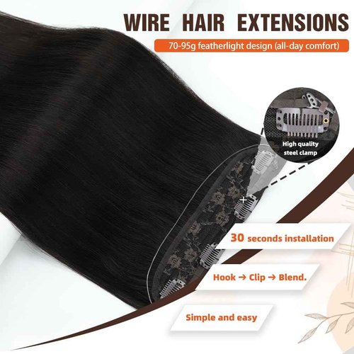 Invisible Wire Hair Extensions Real Human Hair - 22 Inch 95G Medium Brown Transparent Fish Line Clip-Ins Hair Piece, 100% Remy Human Hair Extensions for Women