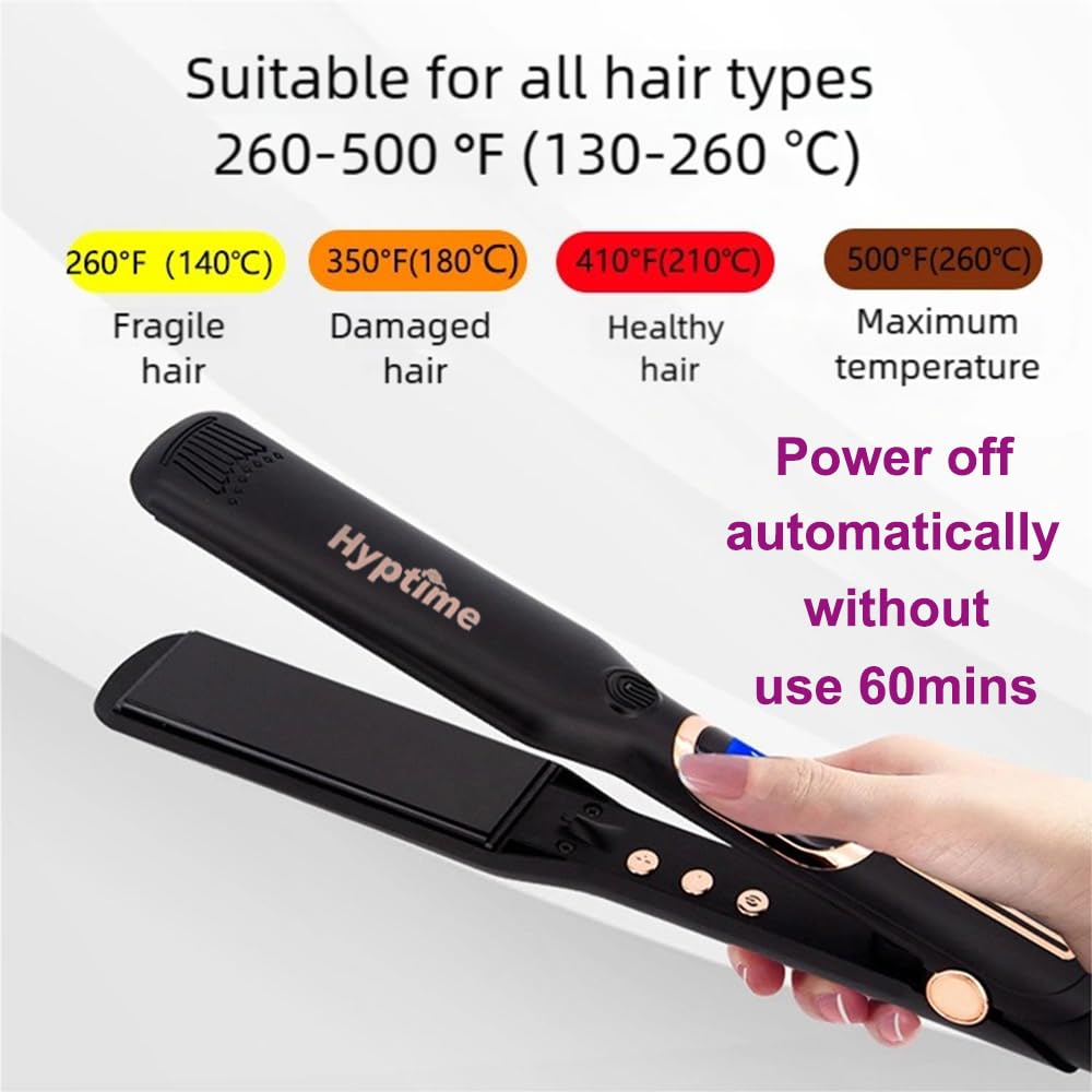 HYPTIME Wide Flat Iron Titanium Straightener Digital Display to Accurately Control Temperature, 2 Inch for Thick & Curly Hairs Professional, Dual Voltage 500°F Fast Heating for Black Hair Friendly