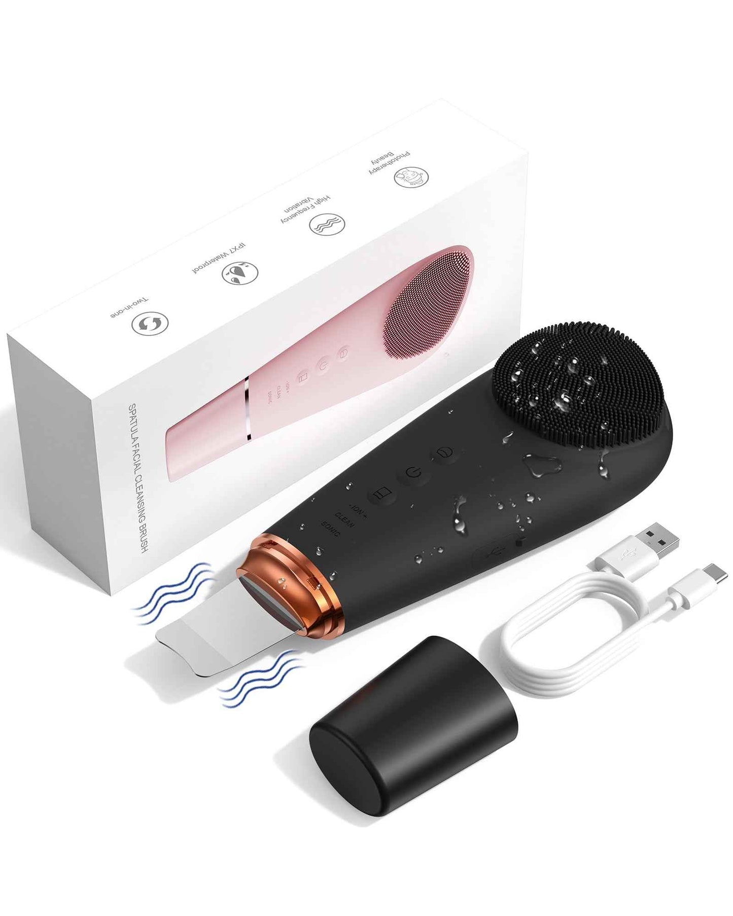 2 in 1 Facial Cleansing Brush & Massager, Facial Skin Scrubber Waterproof and Rechargeable Face Scrub for Deep Cleansing Vibrating Exfoliator Scrubber Skin Care with 7 Modes,Gentle Exfoliating - Black