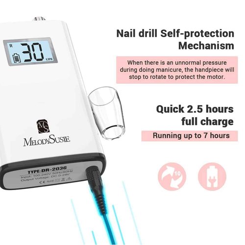 MelodySusie Professional Rechargeable 30000 RPM Nail Drill with Large Barrel Nail Buffer Bit