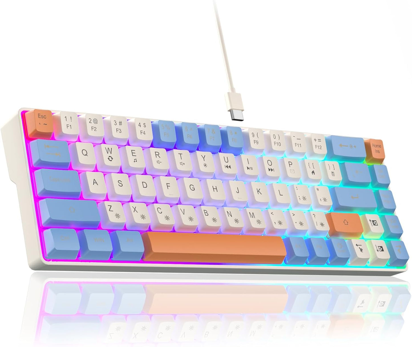 60% Gaming Keyboard,Small Keyboard USB-C Wired,Compact Mini Teclado Gamer,68 Keys RGB Backlit Portable Membrane Keyboards for Business Trips,Office,PC Games (SK968,White)