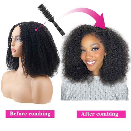Homgoss V Part Wigs Human Hair For Women Upgrade Afro Kinky Curly V Part Wigs No Sew In No Leave Out No Glue V Part Human Hair Wig With Drawstring 200% Density Natural Color (14inch)