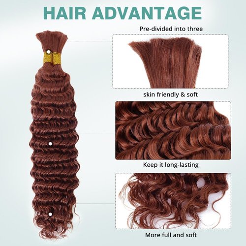 24 Inch 100g Human Braiding Hair 2 Bundles/Pack Deep Wave Bulk Human Braiding Hair for Boho Braids Wet and Wavy Brown Braiding Hair #30 Color No Weft Micro Braiding Hair Human Hair Extensions