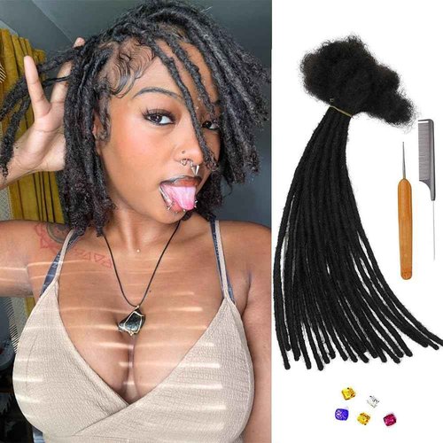 0.4cm & 0.6cm Width, 4-14 Inches10, 30, 60, 100 Strands Options 100% Real Human Hair Dreadlock Extensions for Men/Women/Kids, Handmade Permanent Loc Extension Bundles (0.4cm, 14inches, 30Strands)