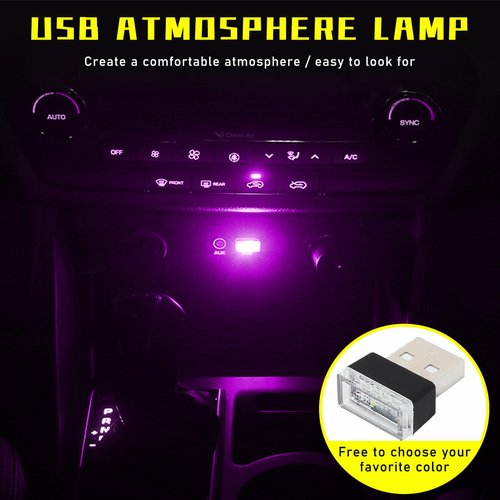 Augeny 4 PCS USB LED Car Interior Atmosphere Lamp, Plug-in USB Decor Night Light, Portable Auto Ambient Lighting Kit, Universal Vehicle Interior Accessories for Most Cars (2 Red+2 Purple)