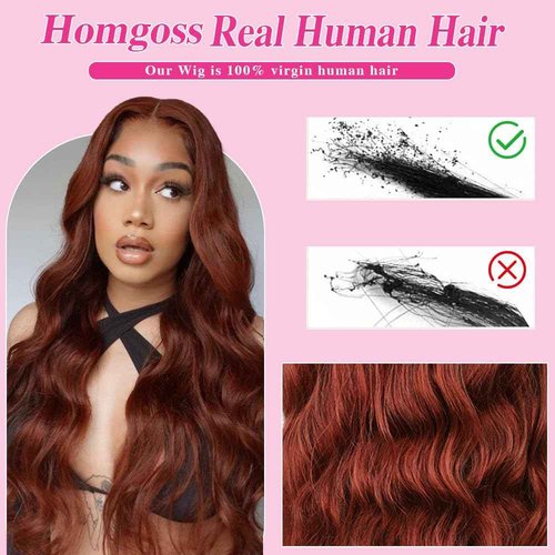 Homgoss 13x6 Body Wave Lace Front Wigs 250% Density #33 Reddish Brown Human Hair Wigs Glueless HD Lace Frontal Wigs Natural Hairline Bleached Knots Max Parting Human Hair wigs For Women 24 Inch