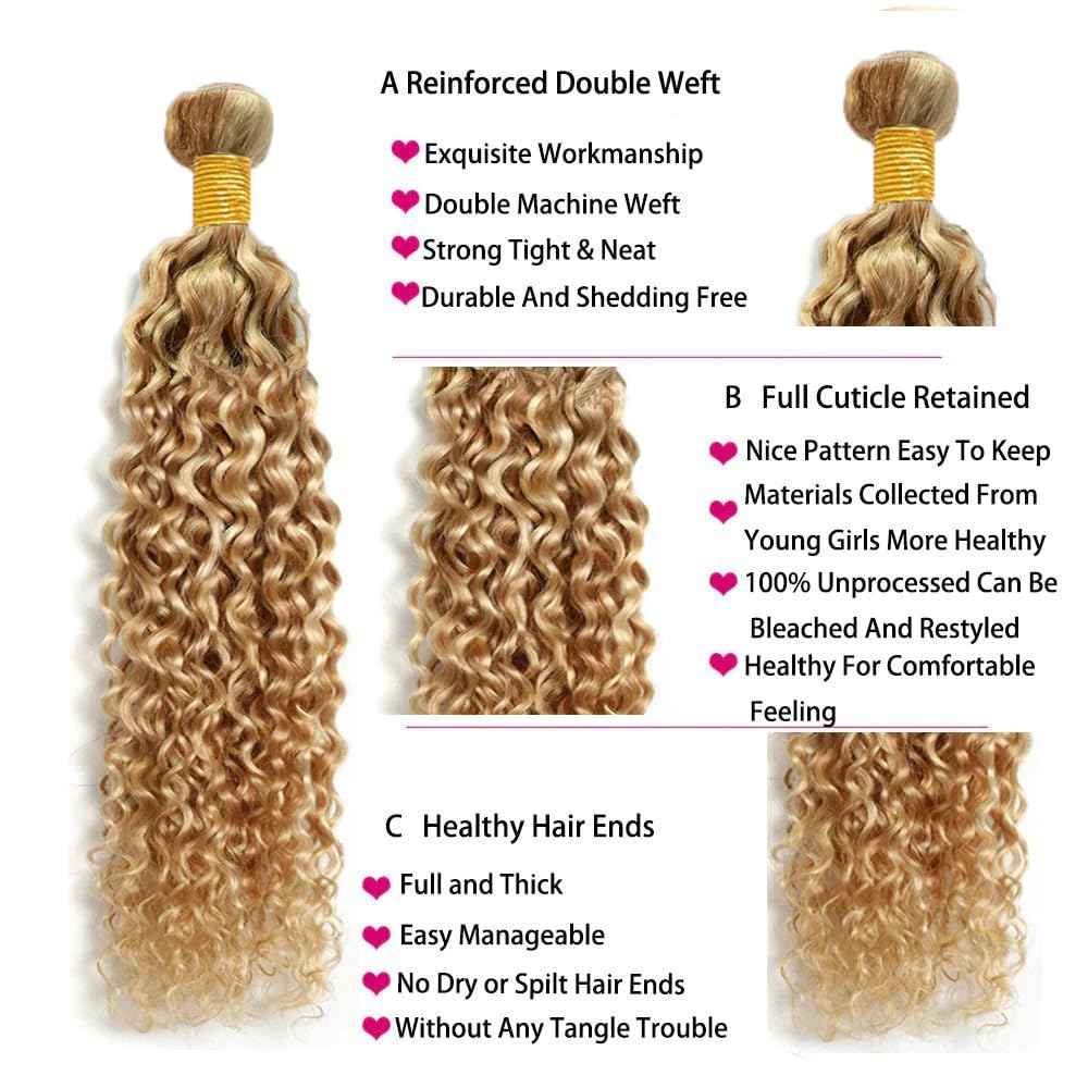 Giginger P27/613 Blonde Jerry Curly Human Hair Bundles 22 24 26 Inch Highlight Honey Blonde Jerry Curly Bundles 100% Unprocessed Raw Quick Weave Hair for Black Women