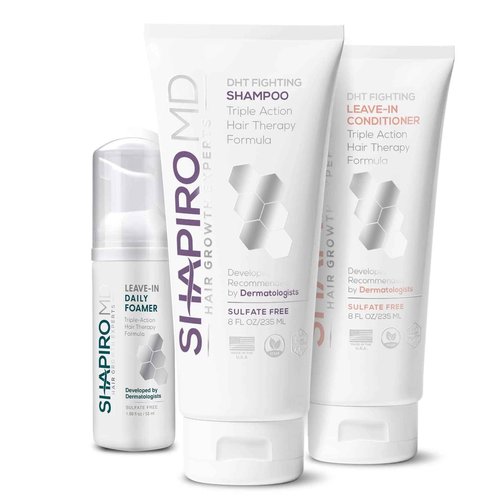 Shapiro MD Hair Growth Experts DHT Fighting Shampoo, Leave-in Conditioner, Leave-in Foam Hair Loss Bundle, Triple Action Thinning Hair Fighting Formula Developed, 1 Month Supply