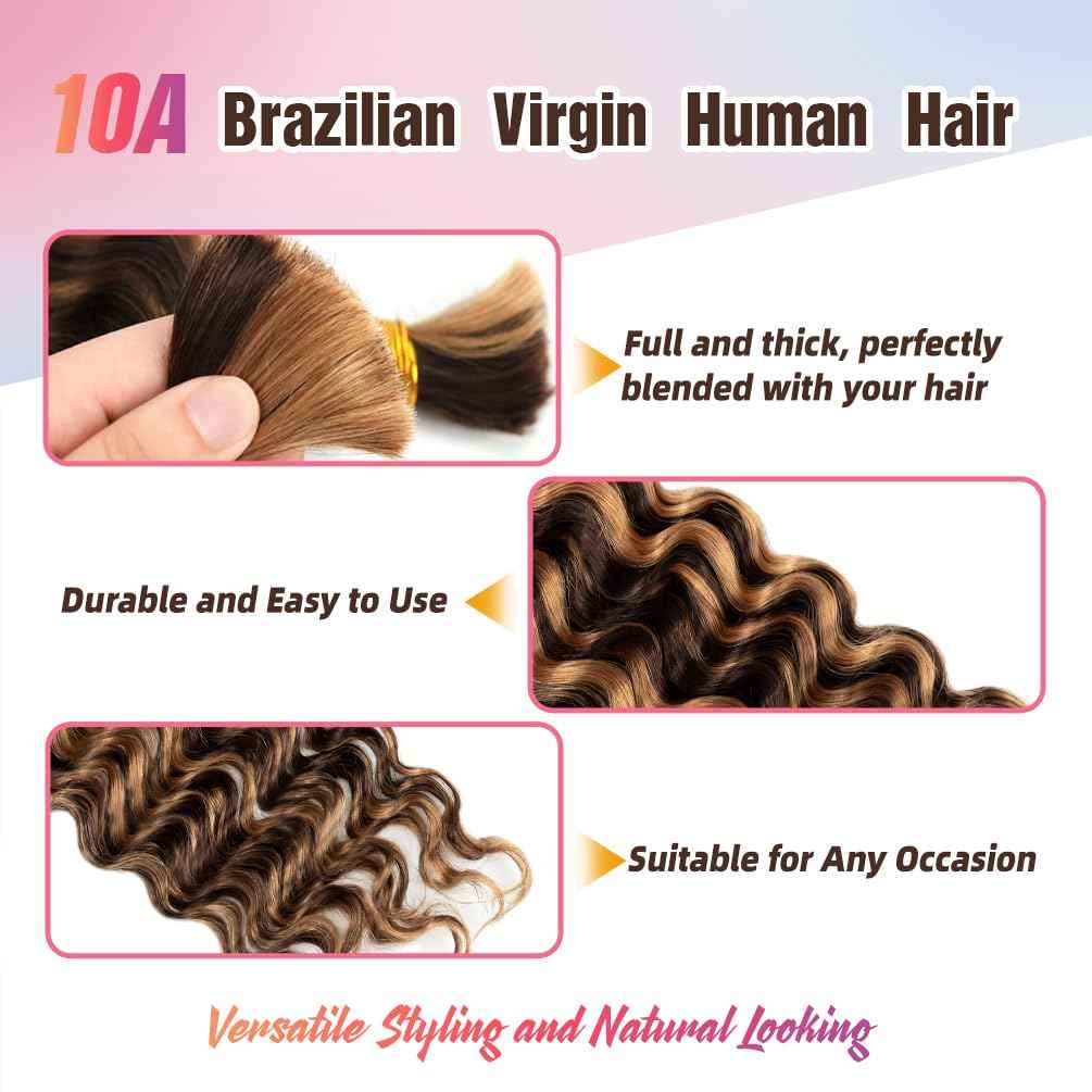 Human Braiding Hair, 3 Bundle 150g 20 Inch Boho Braids Human Hair 15A Deep Wave Bulk Brazilian Virgin No Weft Wavy Hair Extension for Boho Knotless Balayage Brown to Blonde