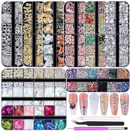10 Boxes Nail Art Kit - 12 Colors Pointed/Flatback Rhinestones, 3D Gold/Silver/Rose Nail Studs, White Beige Half Pearls, Holographic Glitter & Foils + 3 Tools for DIY Nail Art Jewels & Crafts