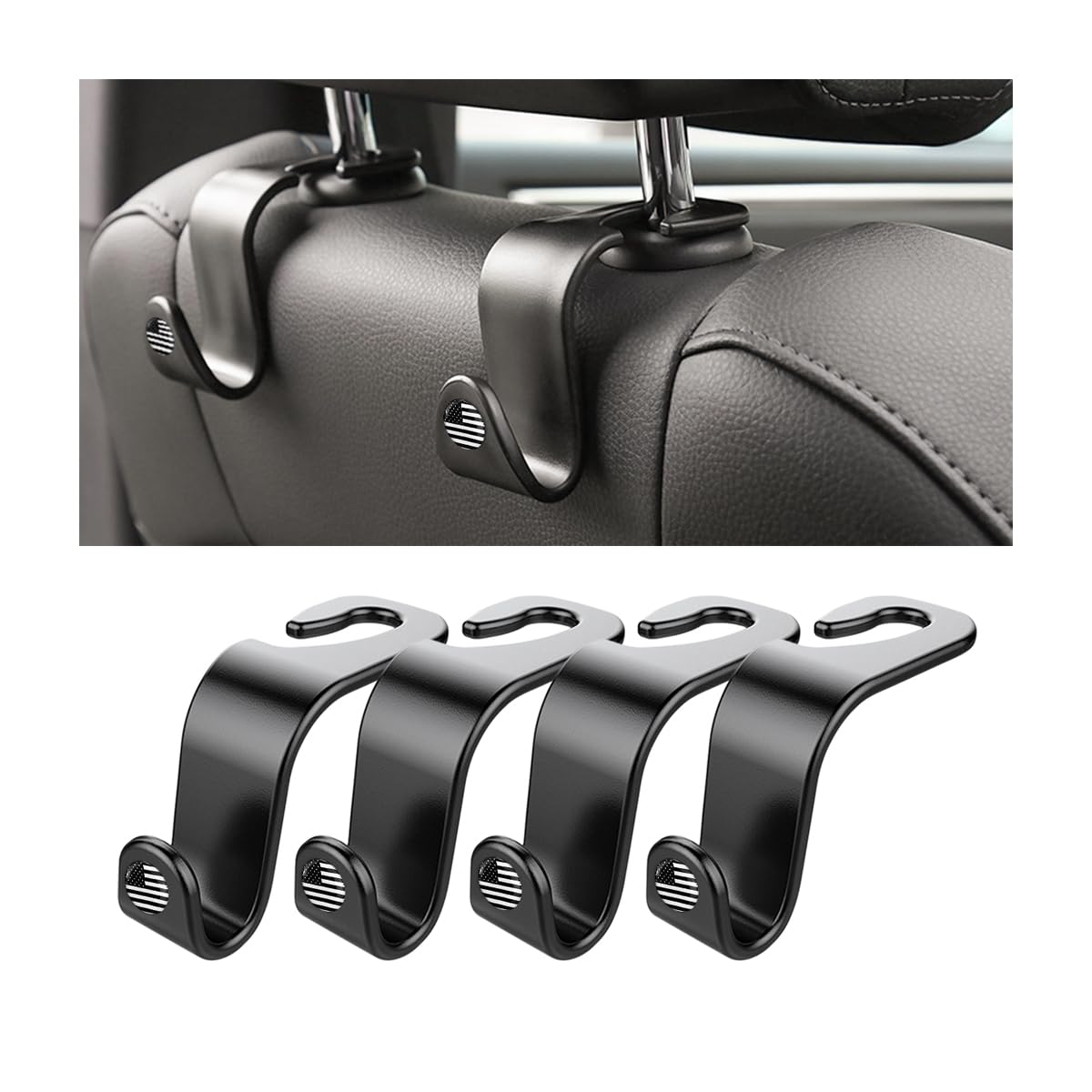 4PCS Car Seat Headrest Hooks, Auto Back Seat Hanger Holder, Durable Stylish Vehicle Organizer Universal Car Interior Accessories, Storage Hooks for Purses, Bags, Clothes, Hats (Black/Black Flag)