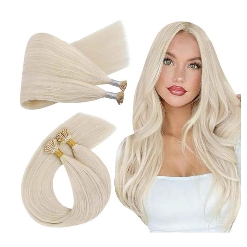Ugeat Platinum Blonde I Tip Hair Extensions Human Hair for Everyday Use Blonde Itip Human Hair Extensions Reusable Silky Smooth Long Length No Damage 24 Inch 50S