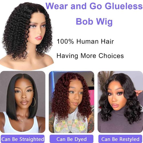 Glueless Wigs Human Hair Pre Plucked Pre Cut Deep Wave Bob Wig for Black Women 5x5 Lace Closure Wear and Go 180% Density Curly Wig with Baby Hair Natural Color 16 Inch