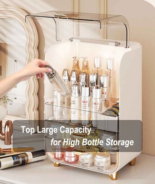 Wi4you Makeup Organizer for Vanity, Large Capacity Cosmetic Organizer Trendy Stuff, Clear Cosmetic Display Case with Flip-top Lid and 2-Tier Drawer for Bathroom Countertop, Bedroom Dresser (White)