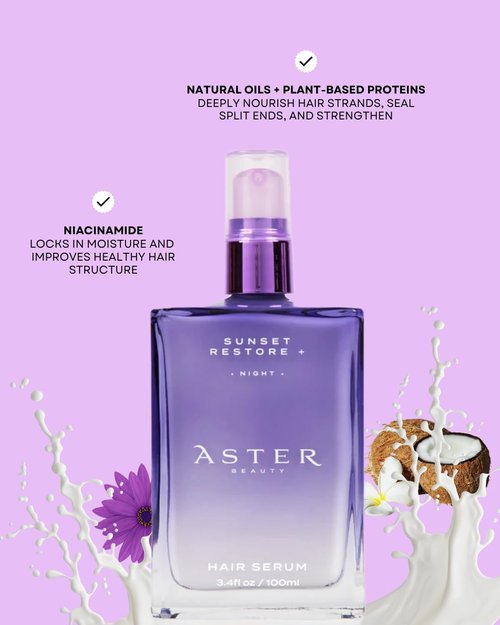Aster Beauty Night Hair Serum for Split Ends & Frizz Sunset Restore + Hair Serum | Leave-In Overnight Repair with Niacinamide & Protein | Strengthens, Smooths & Hydrates (3.4 oz)