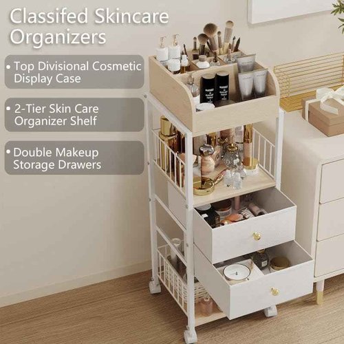 Floor Makeup Organizer Storage Cart - Rolling Makeup Cart with Drawers, Skincare Make Up Organizers and Storage, Cosmetics Display Cases Holder for Skin Care Nail Polish Perfume Makeup Brush (White)