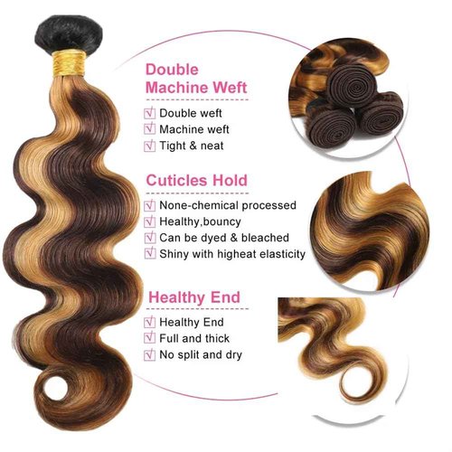 Honey Blonde Mixed Brown Body Wave Bundles T1BP4/27 Highlight Ombre Human Hair Bundles 24 26 28 Inch Grade 8A Brazilian Virgin Human Hair Extensions For Woman Double Weft