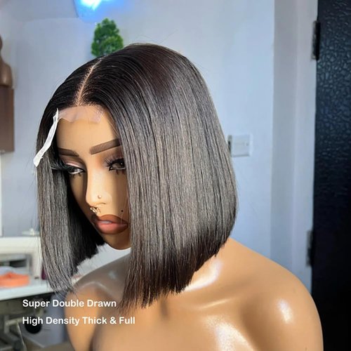 Real Skinlike 2X6 HD Crystal Lace Closure Wig Short Bob Human Hair with Thin Knots 180% Density Blunt Cut Bob Straight Natural Black Brazilian Remy Hair Swiss Lace Wigs For Woman Bleached Knots 8Inch