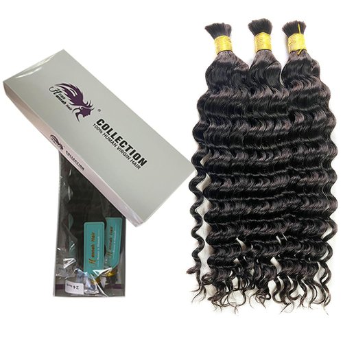 TIJRLGVBN Bulk Human Hair Deep Curly 3 Bundles (300g) - Boho Knotless & Box Braids 16 Inch Natural Black
