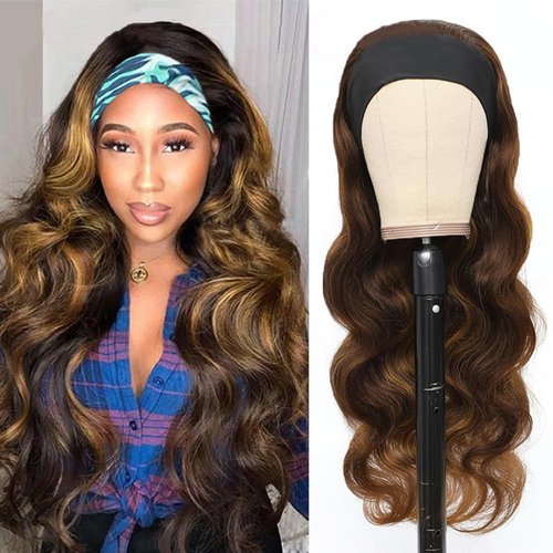 Ombre Headband Wig Human Hair for Black Women 20 Inch Body Wave Honey Blonde #4/27 Highlight Wear and Go Glueless Machine Made None Lace Front Colored