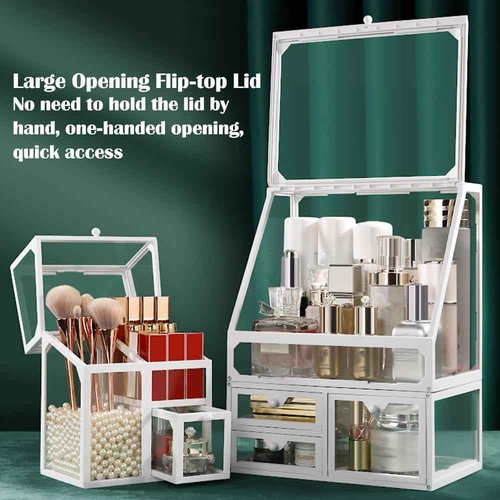Haoh Glass Makeup Organizer Multi-Functional with Pearl Makeup Organizer with Drawers for Bathroom Vanity Organizer Skincare Lipstick Brushes