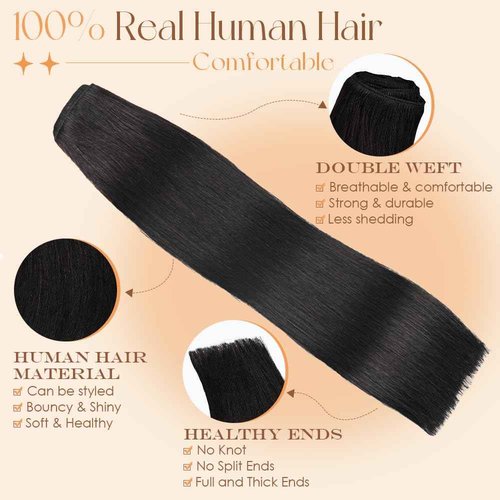Clip in Hair Extensions Real Human Hair 16 Inch 95g Invisible Seamless Human Hair Clip in Extensions for Women 7pcs Per Set with Double Weft 1B Natural Color