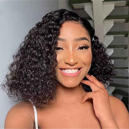 ChicRosa Short Curly Bob Wig Human Hair 13x4 Transparent Lace Frontal Curly Bob Wigs 14 inch 180% Density for Black Women with Preplucked Baby Hair