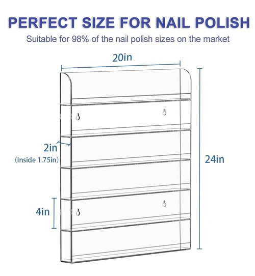 FEMELI 2 Pack Nail Polish Wall Racks 20 * 24 Inch Hold Up to 240 Bottles,Clear Acrylic Nail Polish Shelf Organizer Wall Mounted 6 Rows (2)