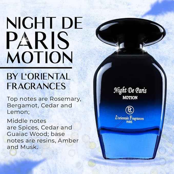 L'Orientale Fragrances Night De Paris in Motion 100ml / 3.3oz - Oil-Based Perfumes for Women & Men, Unisex Amber Vanilla Eau de Parfum w/Bergamot - Long-Lasting Up to 24 Hours, Ideal for All Seasons