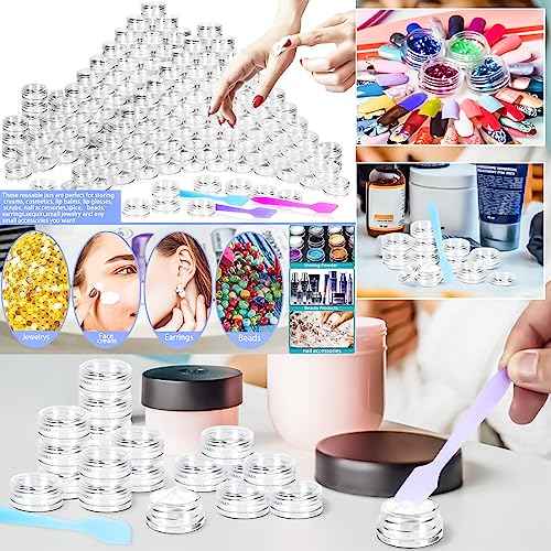 MotBach 100 Pcs 3g Empty Plastic Containers with Lids,Tiny Makeup Sample Containers Small Pot Jars Clear Round Cosmetic Jars with 20 Pcs Mini Spatulas for Liquid Sample Powder Creams (Clear Lid)