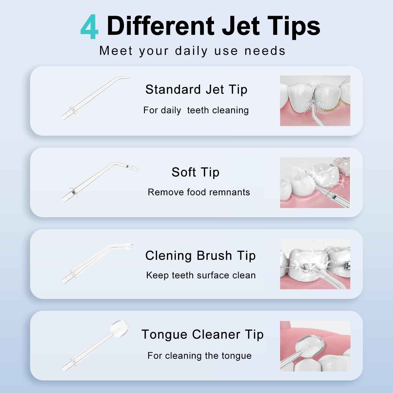 Portable Water Dental Flosser with 4 Jet Tip, 3 Mode Cordless Rechargeable Teeth Cleaner, Powerful Waterproof Dental Floss for Home Travel