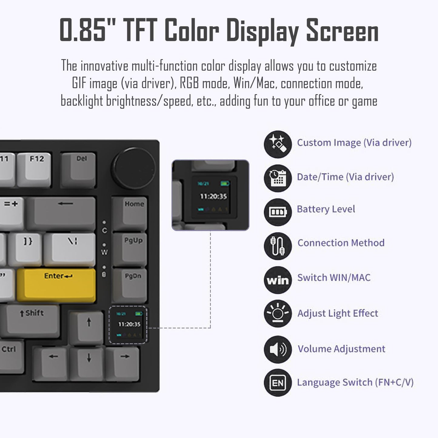 AJAZZ AK820 Pro 75% Gasket RGB Wireless Mechanical Keyboard with TFT Screen, Volume knob, Bluetooth/2.4G/Wired 3-Modes, Compact 82 Hot-Swap Keys, Tricolor PBT Keycap, 4000 mAh (Gray&Yellow 3-Modes)
