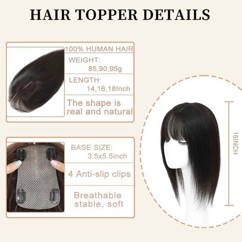 HVVZOY Hair Toppers for Women Real Human Hair,360°3D Big Basement Cover Topper for Women with Thinning Crown with Wispy Clip in Bangs Realistic Scalp (Dark brown, 3D Wispy Bangs 16INCH)