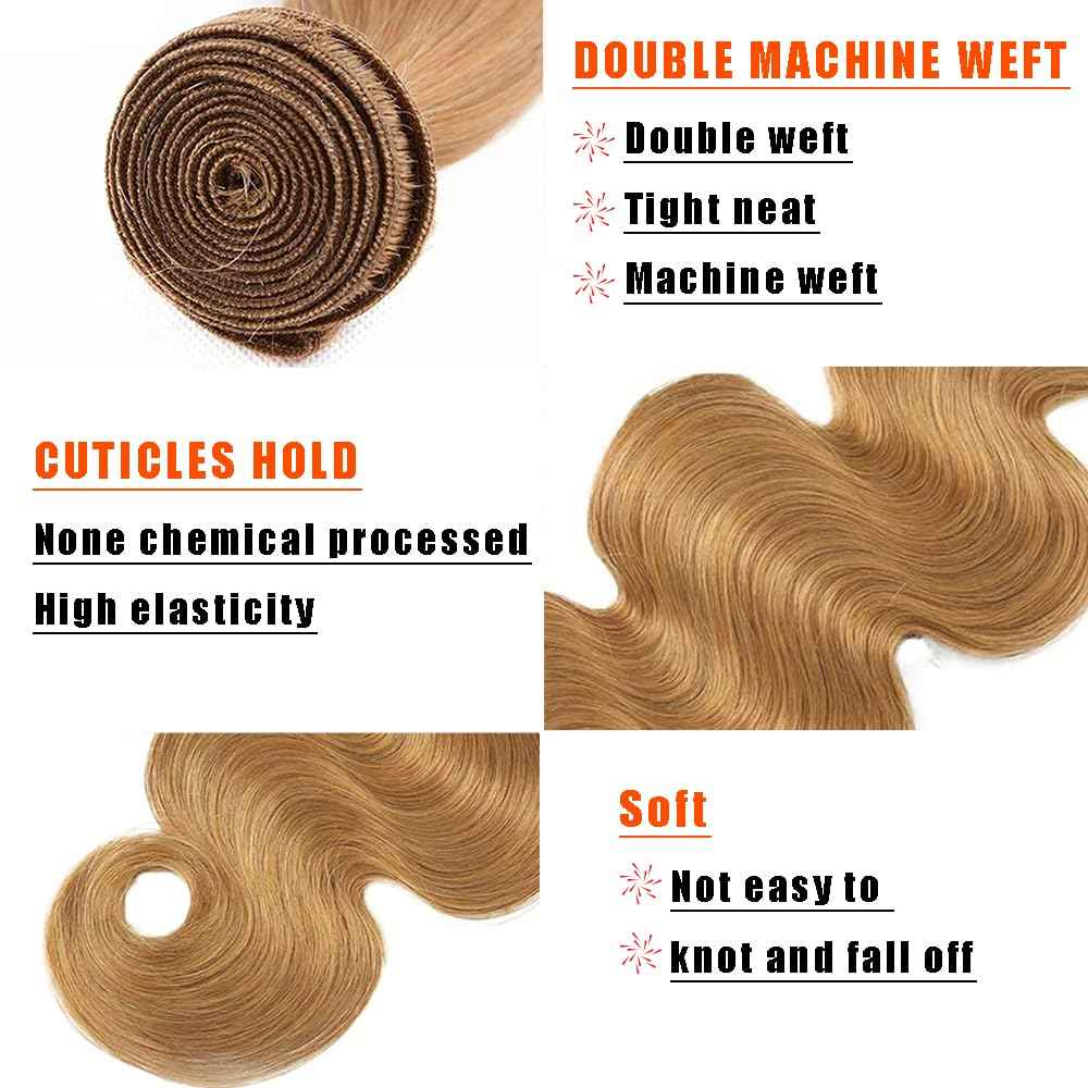 Honey Blonde Human Hair Bundles 14 16 18 Inch Body Wave Bundles Human Hair Unprocessed Native Virgin Hair 100/PC 3 Extensions #27 Blonde Color Wet and Wavy Human Hair Extensions for Women