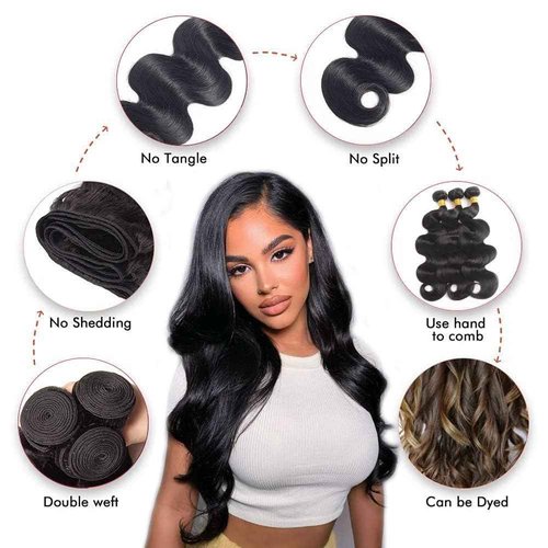 Body Wave Human Hair Bundles 20 22 24 Inch Brazilian 12A Body Wave 3 Bundles Human Hair Weave Bundles 100% Unprocessed Human Hair Extensions Virgin Hair Natural Black
