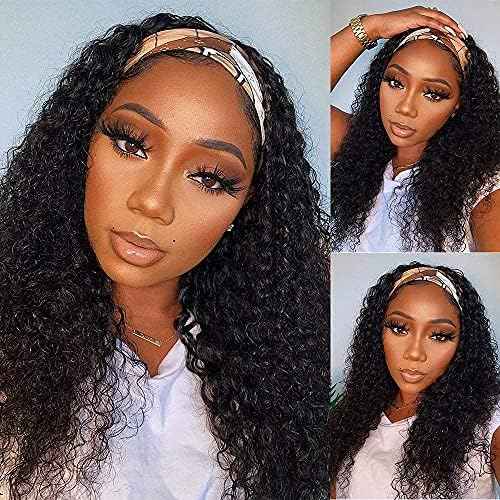 WENYAN Headband Wig Human Hair Deep Wave 22 Inch Wigs for Black Women Glueless None Lace Front Curly Wave Wig Brazilian Virgin Hair Wear and Go Wigs Machine Made 150% Density Natural Color