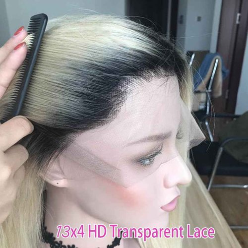 Ombre 613 Blonde Bob Lace Front Wigs Black to Blonde Dark Roots Colored Human Hair Wigs Glueless 13X4 HD Straight Brazilian Virgin Human Hair Wig Lace Wig for Black Women 150% Density (#1B/613)